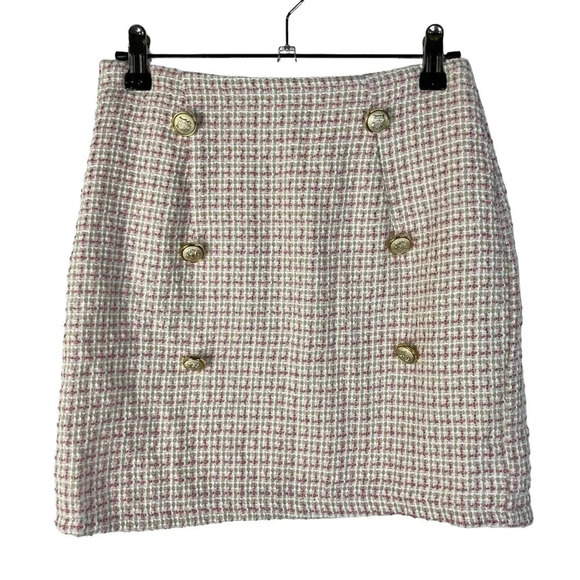 Boutique Light Pink & White Plaid Tweed Six Button Mini Skirt XS - Picture 1 of 3